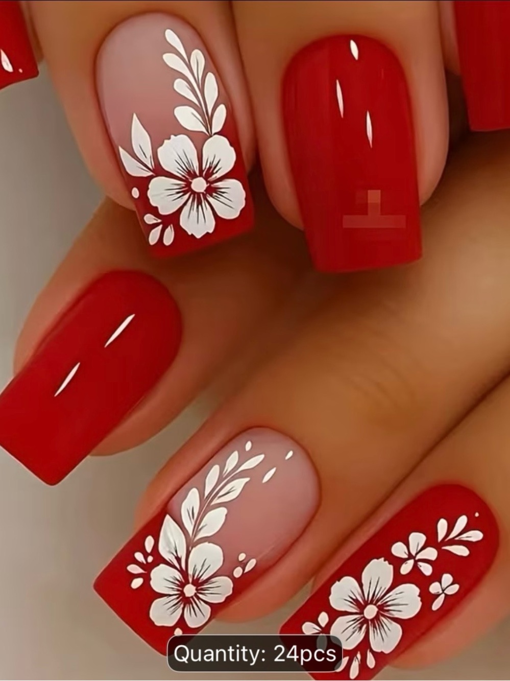Red Floral Press-On Nails with White Accents 24 Pc Set